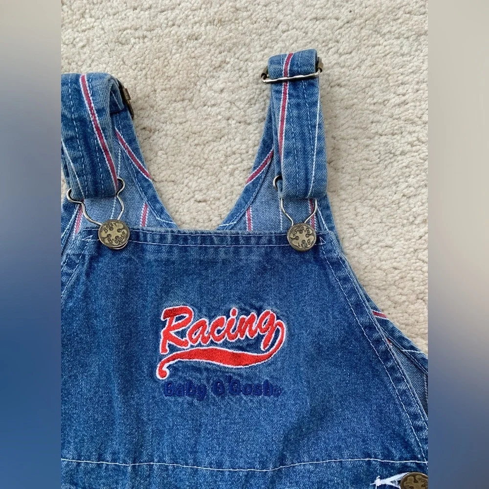 Vintage OshKosh Size 18 Months Racing Pinstripe Denim Shortalls Bib Overalls